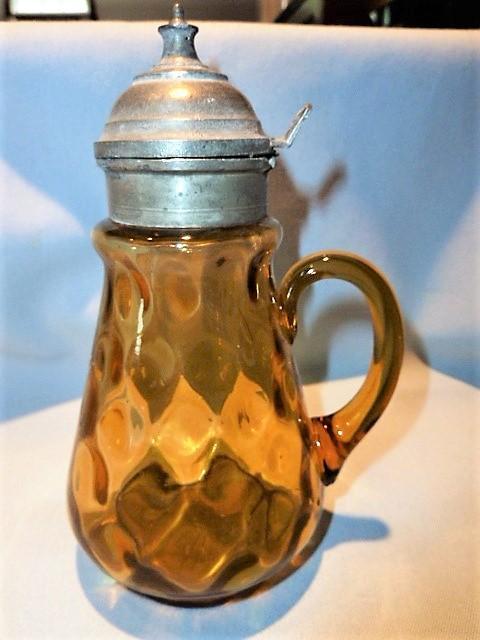 ANTIQUE AMBER THUMBPRINT SYRUP JUG PITCHER WITH PEWTER LID