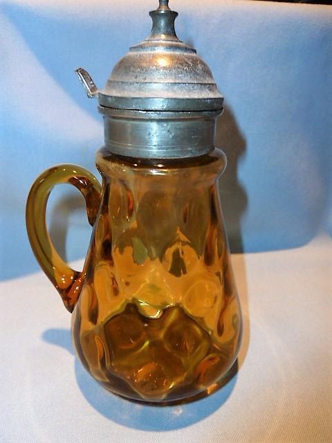 ANTIQUE AMBER THUMBPRINT SYRUP JUG PITCHER WITH PEWTER LID