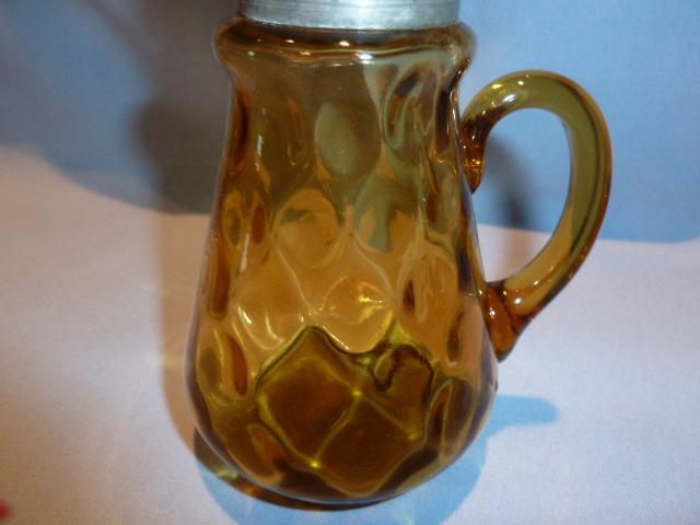 ANTIQUE AMBER THUMBPRINT SYRUP JUG PITCHER WITH PEWTER LID