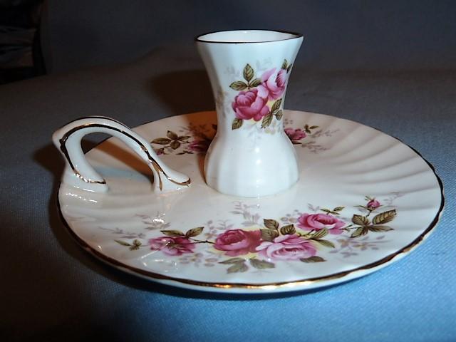 ROYAL SUTHERLAND ENGLISH BONE CHINA PINK ROSES CANDLESTICK WITH ATTACHED UNDERPLATE& HANDLE