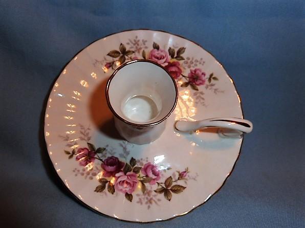ROYAL SUTHERLAND ENGLISH BONE CHINA PINK ROSES CANDLESTICK WITH ATTACHED UNDERPLATE& HANDLE