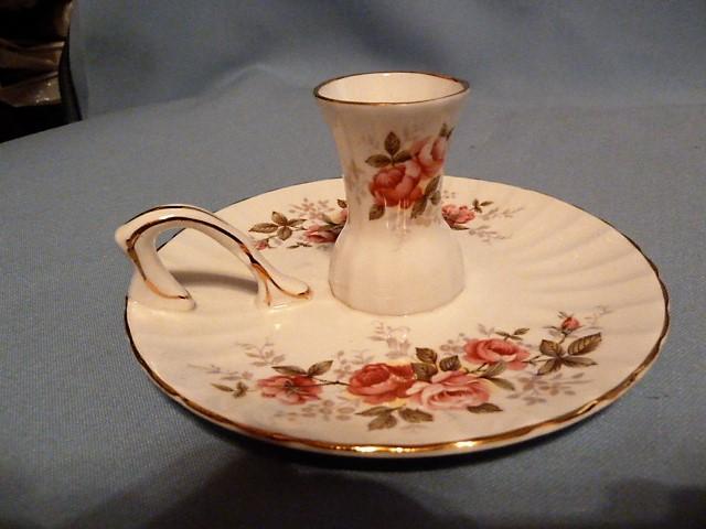 ROYAL SUTHERLAND ENGLISH BONE CHINA PINK ROSES CANDLESTICK WITH ATTACHED UNDERPLATE& HANDLE