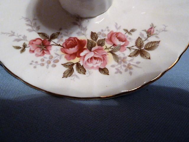 ROYAL SUTHERLAND ENGLISH BONE CHINA PINK ROSES CANDLESTICK WITH ATTACHED UNDERPLATE& HANDLE