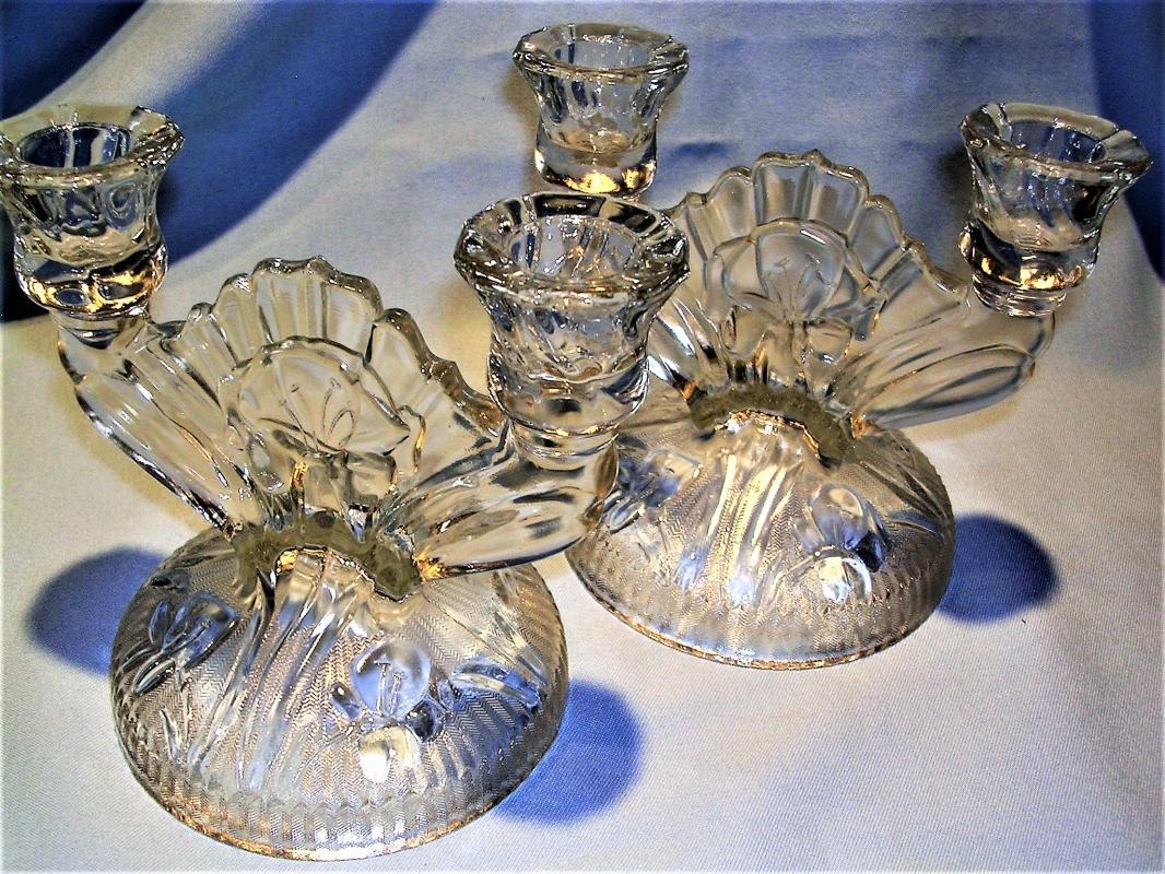 JEANNETTE IRIS & HERRINGBONE PAIR DOUBLE LIGHT CANDLESTICKS