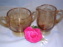 PINK DEPRESSION ETCHED FOOTED CREAM & SUGAR