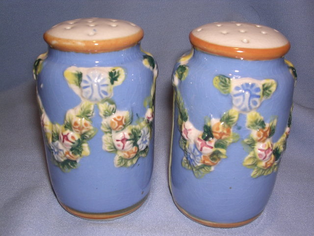 ANTIQUE JAPAN BLUE RAISED FLORAL LARGE SALT AND PEPPER SHAKER SET