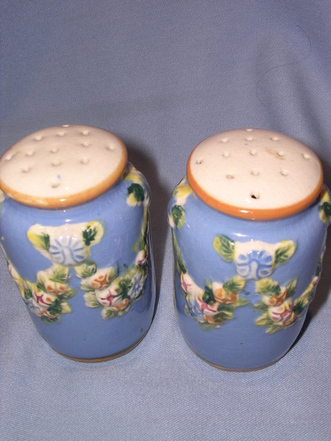 ANTIQUE JAPAN BLUE RAISED FLORAL LARGE SALT AND PEPPER SHAKER SET