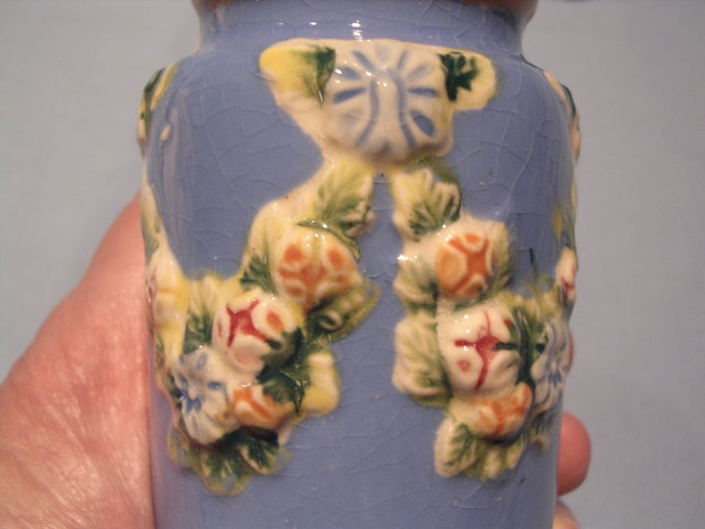 ANTIQUE JAPAN BLUE RAISED FLORAL LARGE SALT AND PEPPER SHAKER SET