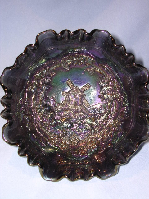 VINTAGE IMPERIAL PURPLE BLUE CARNIVAL GLASS WINDMILL RUFFLED BOWL #514
