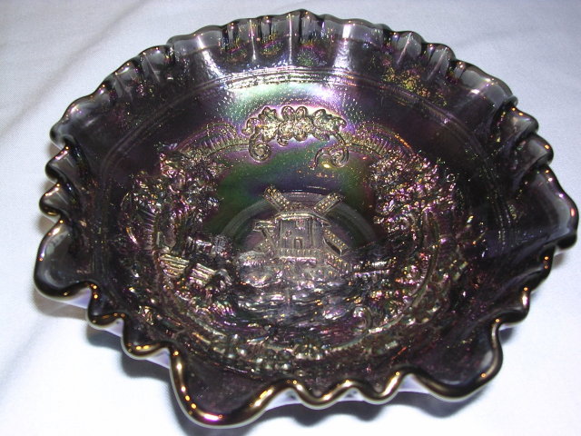 VINTAGE IMPERIAL PURPLE BLUE CARNIVAL GLASS WINDMILL RUFFLED BOWL #514