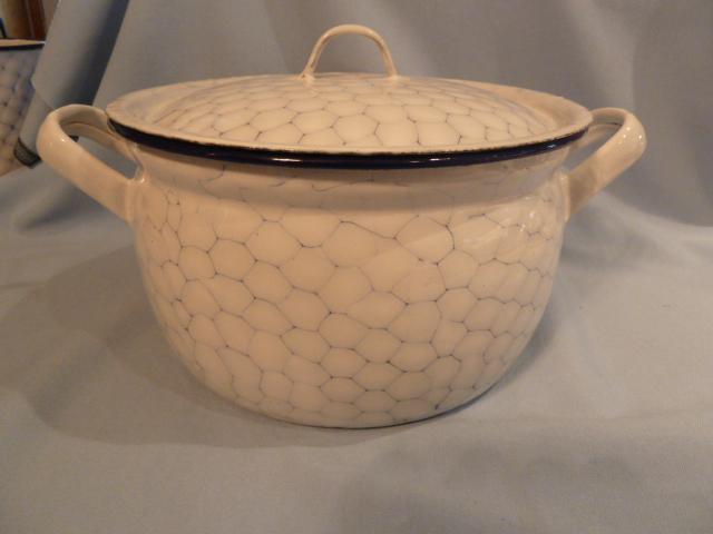 ANTIQUE GRANITEWARE GRANITE ENAMELCHICKEN WIRE COVERED COOK POT