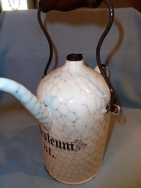 VERY RARE ANTIQUE GERMAN GRANITWARE GRANITE ENAMEL CHICKEN WIRE PETROLEUM CAN WITH HANDLE