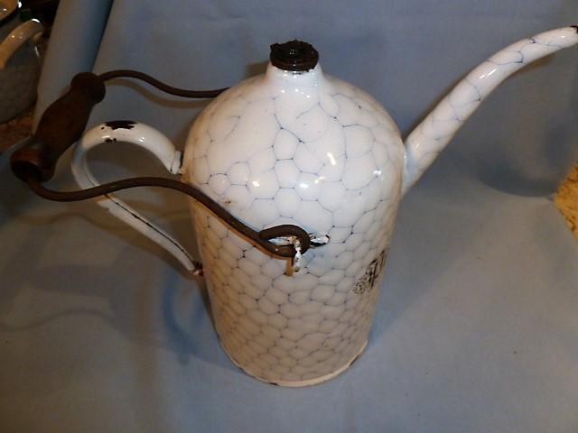 VERY RARE ANTIQUE GERMAN GRANITWARE GRANITE ENAMEL CHICKEN WIRE PETROLEUM CAN WITH HANDLE