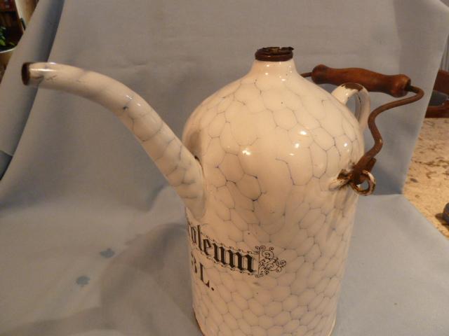 VERY RARE ANTIQUE GERMAN GRANITWARE GRANITE ENAMEL CHICKEN WIRE PETROLEUM CAN WITH HANDLE