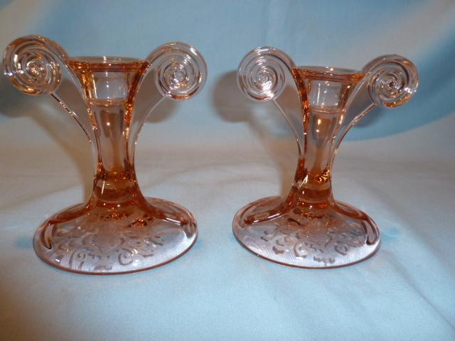 PAIR ELEGANT FOSTORIA VERSAILLES PINK BLOWN GLASS SCROLL HANDLE CANDLESTICKS