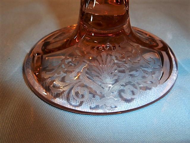 PAIR ELEGANT FOSTORIA VERSAILLES PINK BLOWN GLASS SCROLL HANDLE CANDLESTICKS