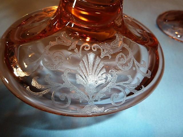 PAIR ELEGANT FOSTORIA VERSAILLES PINK BLOWN GLASS SCROLL HANDLE CANDLESTICKS