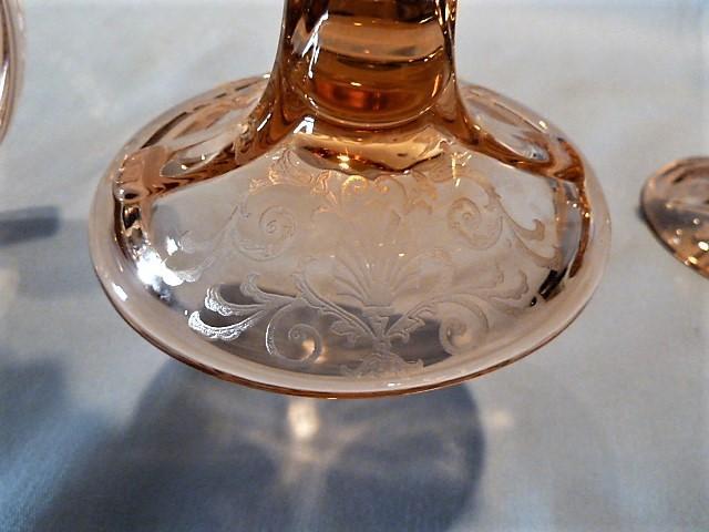 PAIR ELEGANT FOSTORIA VERSAILLES PINK BLOWN GLASS SCROLL HANDLE CANDLESTICKS