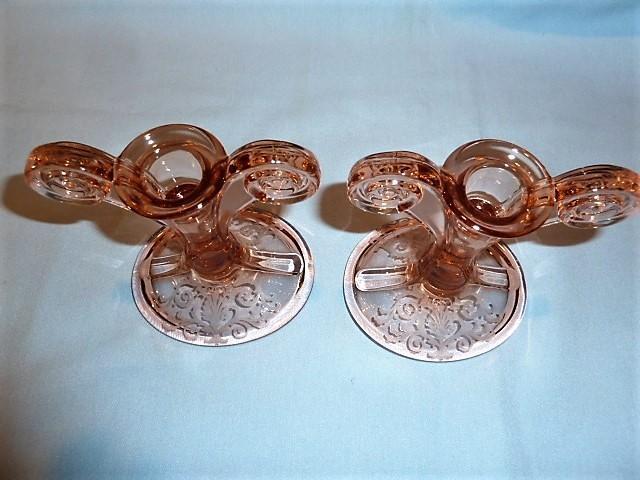 PAIR ELEGANT FOSTORIA VERSAILLES PINK BLOWN GLASS SCROLL HANDLE CANDLESTICKS