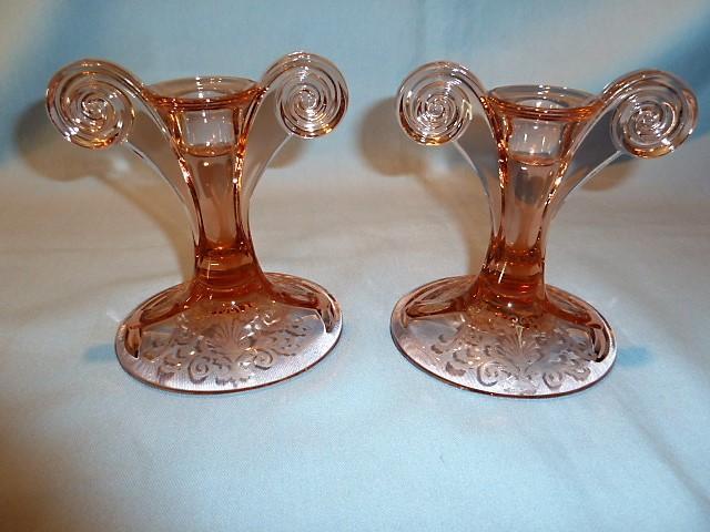 PAIR ELEGANT FOSTORIA VERSAILLES PINK BLOWN GLASS SCROLL HANDLE CANDLESTICKS