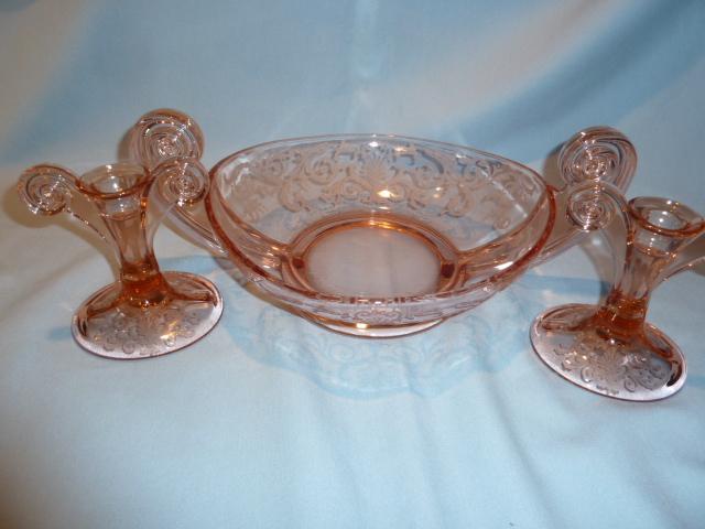 PAIR ELEGANT FOSTORIA VERSAILLES PINK BLOWN GLASS SCROLL HANDLE CANDLESTICKS