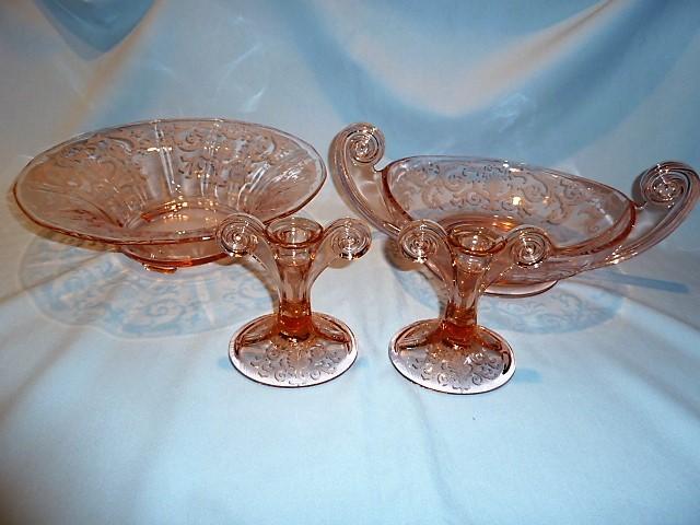 PAIR ELEGANT FOSTORIA VERSAILLES PINK BLOWN GLASS SCROLL HANDLE CANDLESTICKS