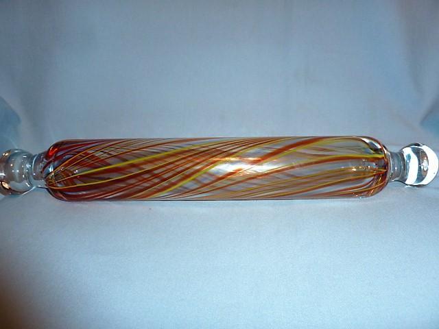 Antique Hand Blown Art Glass Rolling Pin with Red, Yellow and Green Swirls