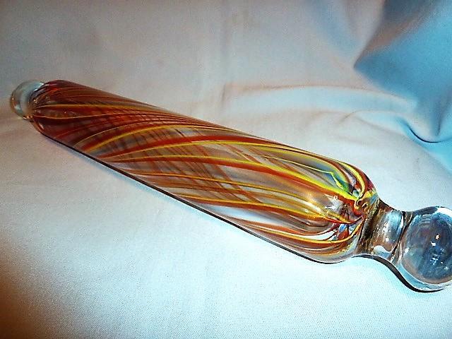 Antique Hand Blown Art Glass Rolling Pin with Red, Yellow and Green Swirls