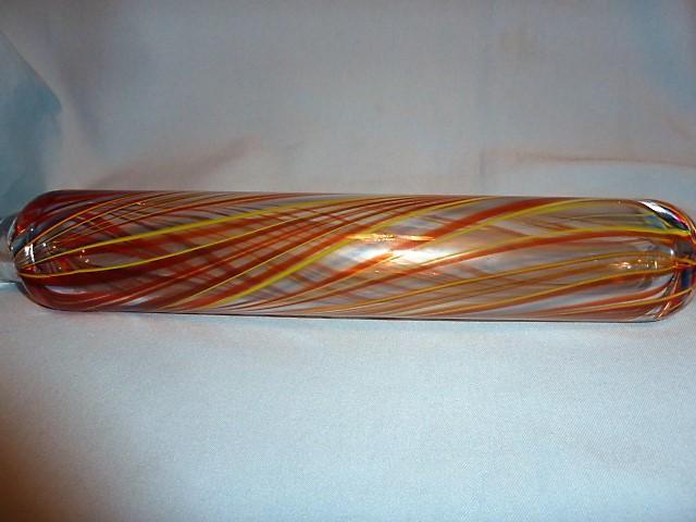 Antique Hand Blown Art Glass Rolling Pin with Red, Yellow and Green Swirls