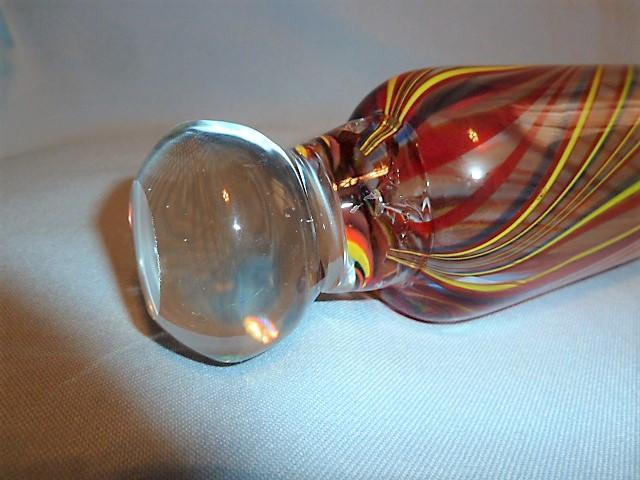 Antique Hand Blown Art Glass Rolling Pin with Red, Yellow and Green Swirls