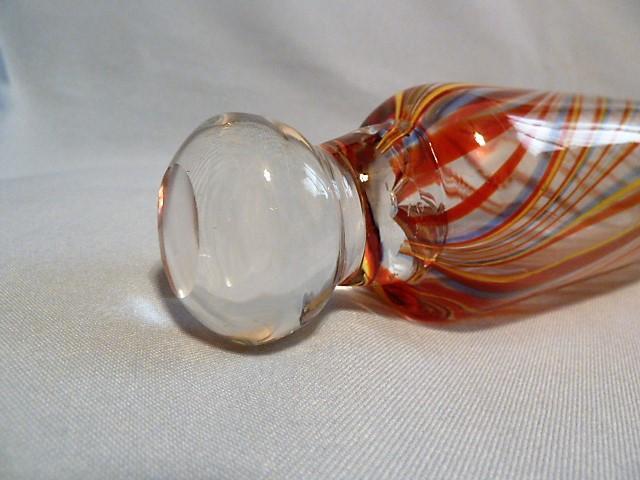 Antique Hand Blown Art Glass Rolling Pin with Red, Yellow and Green Swirls