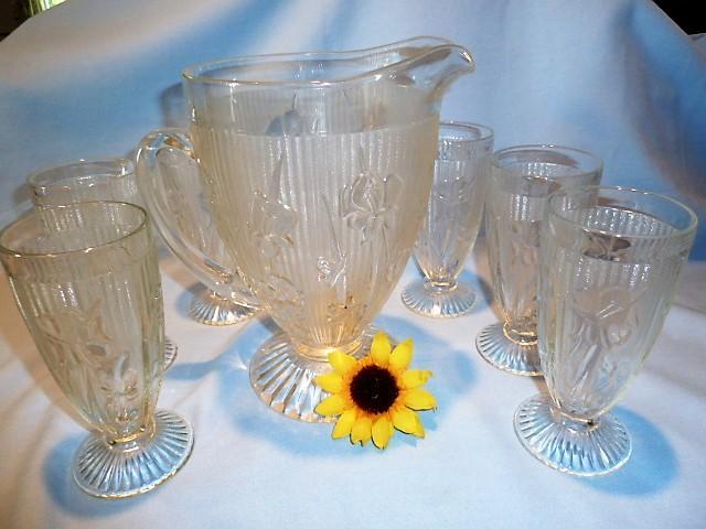 CLEAR JEANNETTE IRIS & HERRINGBONE LARGE FOOTED PITCHER CRYSTAL