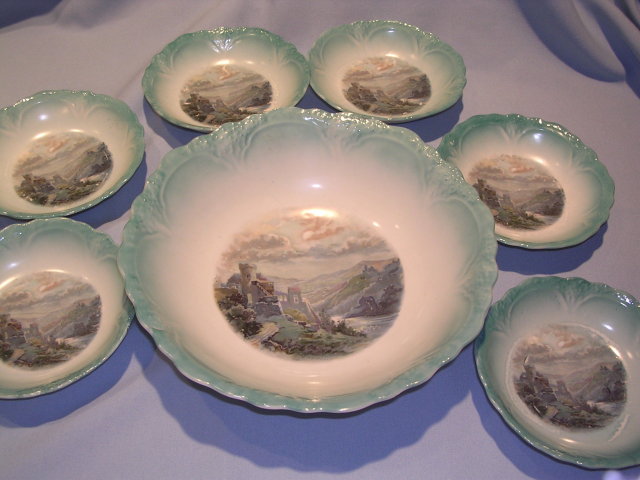 THREE CROWN GERMAN 7 PC BERRY BOWL SET CASTLE ON RIVER