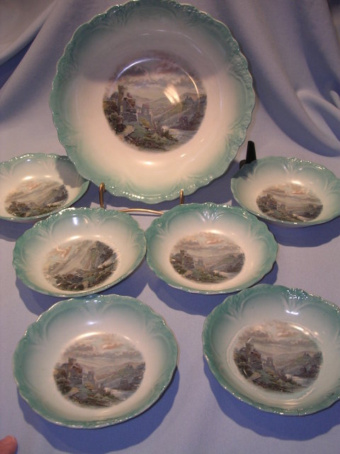 THREE CROWN GERMAN 7 PC BERRY BOWL SET CASTLE ON RIVER