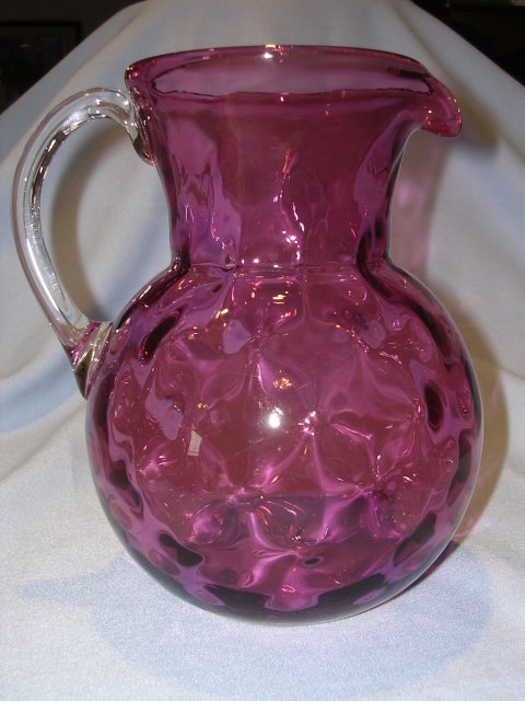 VINTAGE CRANBERRY THUMBPRINT HAND BLOWN GLASS PITCHER