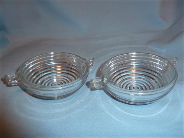 2 CRYSTAL MANHATTAN HORIZONTAL RIBBED 4 1/2 SAUCE BOWLS WITH HANDLE