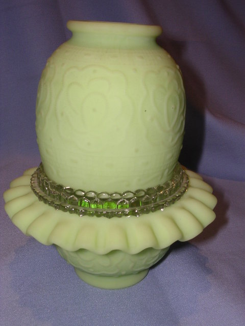 FENTON PERSIAN MEDALION GREEN SATIN GLASS THREE PIECE FAIRY LAMP