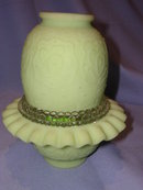 FENTON PERSIAN MEDALION GREEN SATIN GLASS THREE PIECE FAIRY LAMP