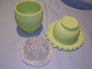 FENTON PERSIAN MEDALION GREEN SATIN GLASS THREE PIECE FAIRY LAMP