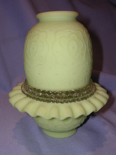 FENTON PERSIAN MEDALION GREEN SATIN GLASS THREE PIECE FAIRY LAMP