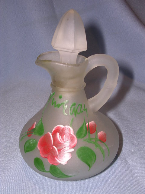 OLD SATIN GLASS ENAMEL PAINTED ROSE VINEGAR CRUET