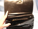 VINTAGE BLACK PATENT LEATHER CLUTCH PURSE WITH GOLD LINK HANDLE AND DECORATTION