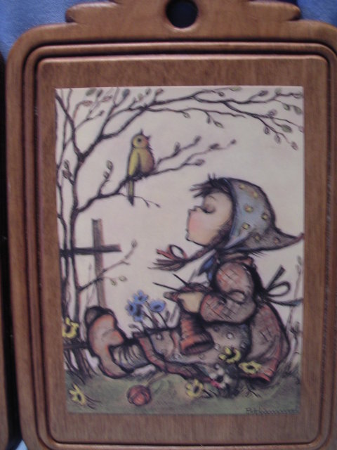 PAIR B. HUMMEL BOY AND GIRL PRINTS ON WOOD PLAQUES WALL HANGING