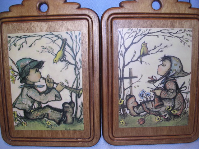 PAIR B. HUMMEL BOY AND GIRL PRINTS ON WOOD PLAQUES WALL HANGING