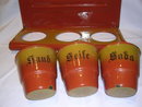 VINTAGE EUROPEAN RED TO GOLD GRANITEWARE SAND, SODA, SEIFE, LAUNDRY SET
