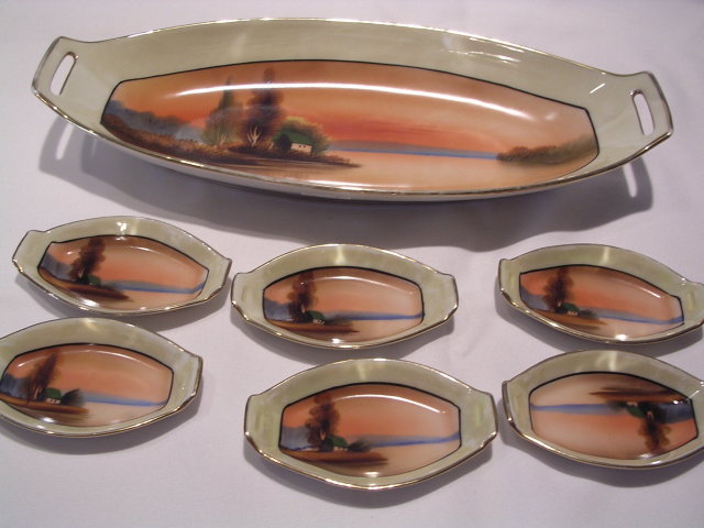 NORITAKE LAKE SCENE 7 PIECE CELERY DISH AND MATCHING SALTS