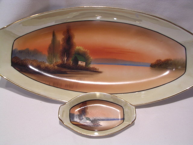 NORITAKE LAKE SCENE 7 PIECE CELERY DISH AND MATCHING SALTS