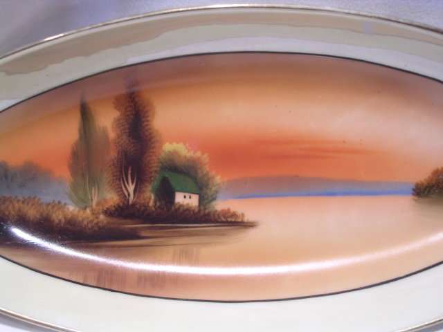 NORITAKE LAKE SCENE 7 PIECE CELERY DISH AND MATCHING SALTS