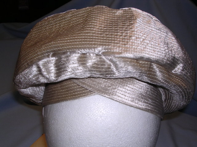 VINTAGE TOQUE TURBAN STYLE BEIGE SATIN LADIES HAT BY MR RICKY
