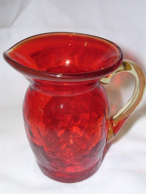 AMBERINA RED TO YELLOW CRACKLE GLASS PITCHER